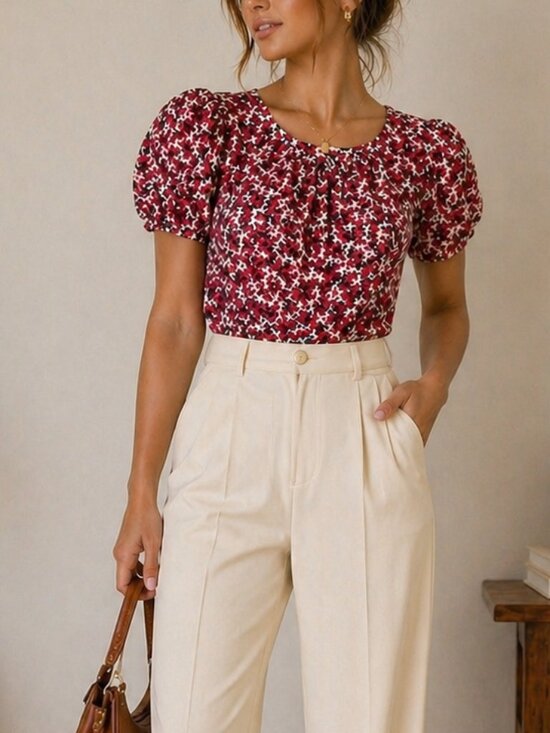Zara Tops - ZARA Floral Puff Sleeve Top Red Pink Fitted Blouse Size M Romantic Cottagecore S